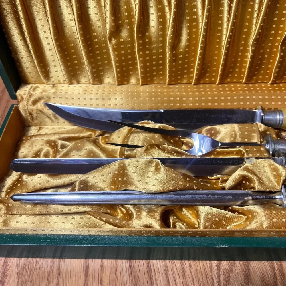 VTG Flint Stainless Vanadium USA Carving Set Faux Stag Handles Sharpener w case